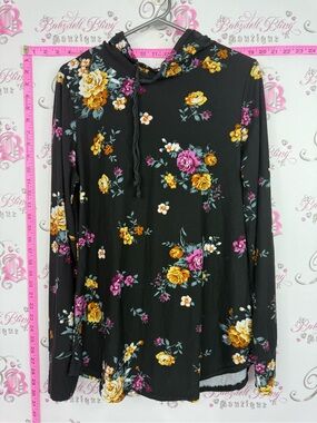 BB collection Floral Hooded Long-Sleeve Dress - Black with Yellow & Pink Blooms
